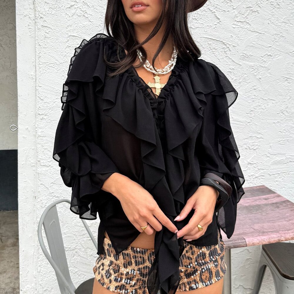 12th Tribe Harlow Black Ruffle Blouse Size MM